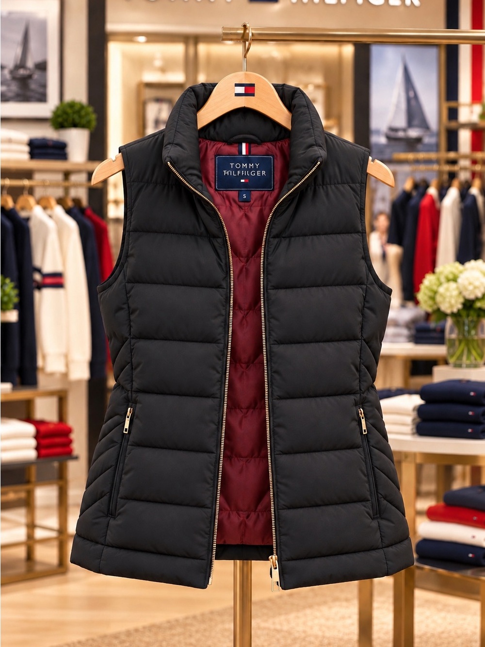 Tommy Hilfiger Black Quilted Puffer Vest with Burgundy Lining M